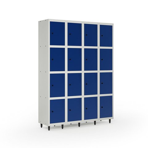 Armário Roupeiro Locker Guarda-Volume de Aço 16 Portas Pequenas com Fecho para Cadeado Vestiário Azul/Cinza