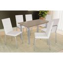 Ver imagem 1 de Conjunto: Mesa de Cozinha Elba Tampo Madeirado C/ Vidro 120cm e 6 Cadeiras Amsterdã Cromada/freijo