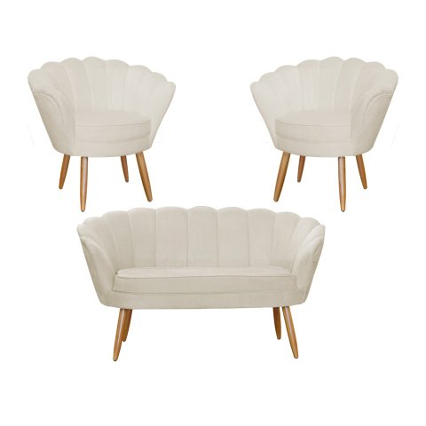 Kit Namoradeira + 2 Poltronas Decorativa Pétala Suede Bege Pés Madeira Ms Decor