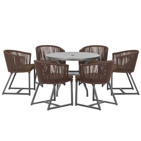 Mesa com 6 Cadeiras de Jantar Roma 120cm e Noronha em Alumínio Preto Corda Náutica Estofado 9 Trama