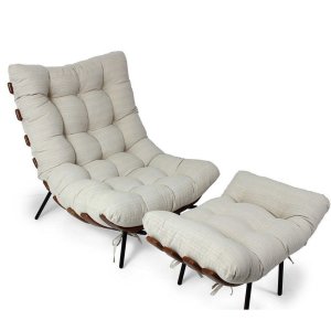Poltrona Clássica Para Sala Quarto Costela com Puff Base Preta Madeira Imbuia Linho L 48 Aya Poltron