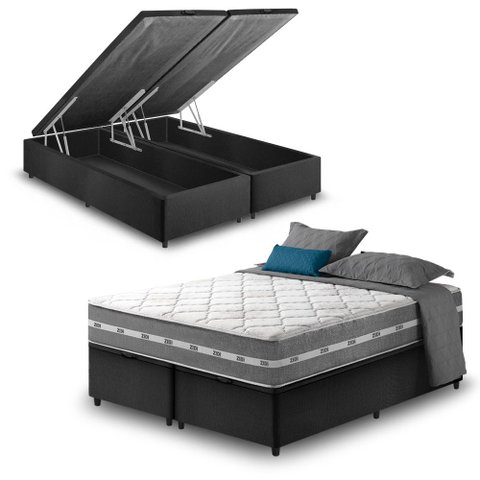 Cama Box com Baú King Preto + Colchão Molas Ensacadas Miami 193x203x64cm