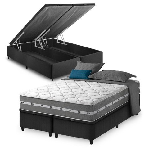 Cama Box Baú King Bipartido Preto + Colchão Molas Ensacadas Zidi Miami 193x203x64cm
