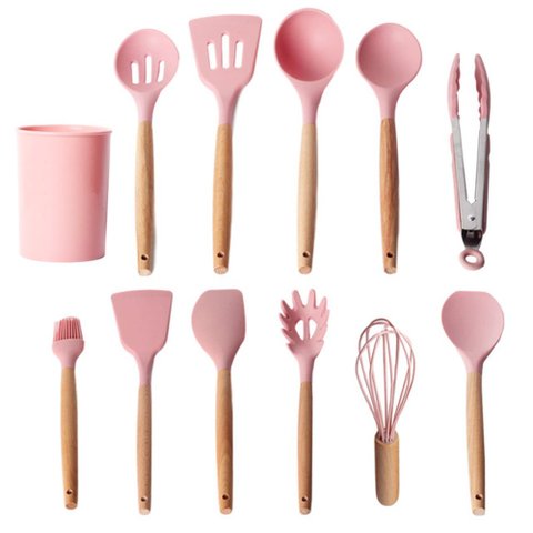 Jogo de Cozinha 12 Peças Silicone Madeira Espatula Fouet Colher Escumadeira Concha Pegador Talheres 