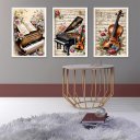 Ver imagem 2 de Kit 3 Quadros Piano e Violino Vintage - Flores 33x24cm - com Vidro:moldura Preta