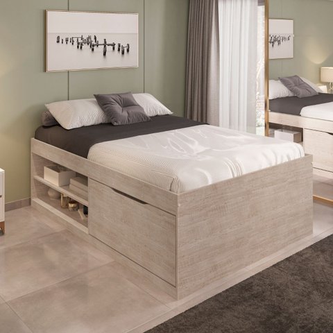 Cama Box Casal com Sapateira e Nichos Modelo Vanessa em Mdf:amarula