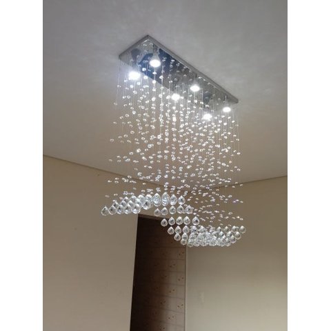 Lustre de Cristal para Sala de Jantar, Base de Inox 70x20cm e 06 Gu10 Lâmpadas de