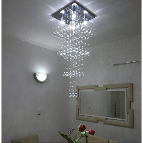 Lustre de Cristal para Sala Modelo Torre Base de Inox 38x38cm com 1,20 Metros de Altura