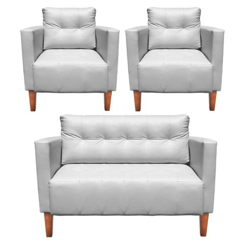 Namoradeira e 2 Poltronas Livia Pé Madeira Castanho Sintético Branco M11 - D’Rossi