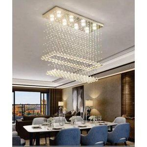 LUSTRE DE CRISTAL PARA SALA DE JANTAR, RETANGULAR BASE DE INOX 70X20CM COM 1 M DE ALTURA