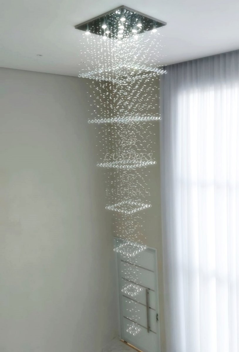 Lustre de Cristal para Pé Direito Duplo,vão de Escada Base de Inox 70x70 Cm com 1,5 M de Altura - 4