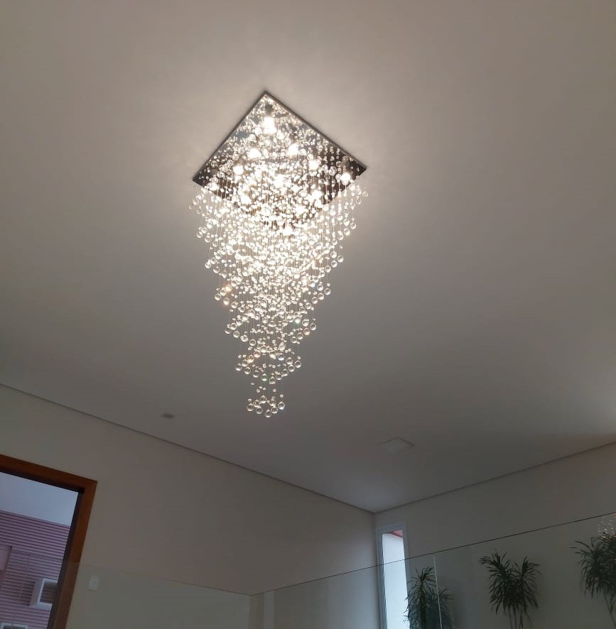 Lustre de Cristal para Pé Direito Duplo,vão de Escada Base de Inox 70x70 Cm com 1,5 M de Altura - 3