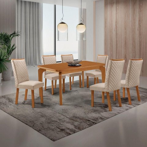 Mesa de Jantar Liz 6 Lugares MDF Cadeiras Lira Veludo Creme 180cm Moderna