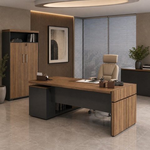 Conjunto 2 Peças Escritório Completo 1 Mesa em L Diretoria Tampo Tamburato Nogal/Pre Marrom/Preto Artany