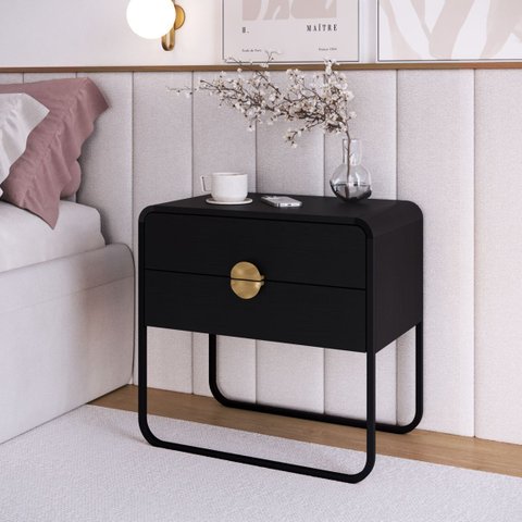 Mesa de Cabeceira Orgânica 60cm 2 Gavetas Pé Metal Luna Móvel na Caixa