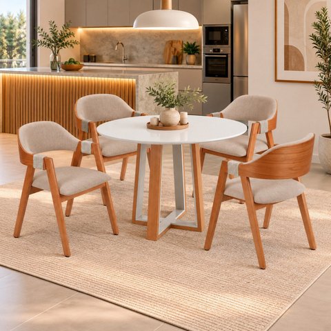 Conjunto Mesa Áustria 4 Cadeiras Aurora Estofadas com Braços de Corda Artesanal Espresso Moveis