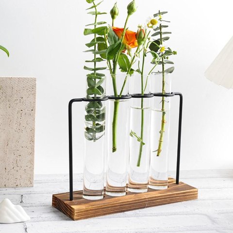 Kit Vasos Hidroponico Flor Ferro Base Madeira 4 Tubos Hidroponia Terrario Suporte 4 em 1 Mesa Bancad