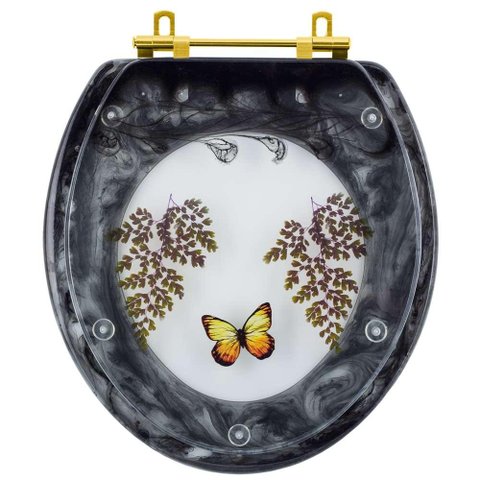 Assento Sanitário Poliester Oval Preto Decorado Borboleta Amarela com Ferragem Dourada