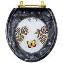Ver imagem 1 de Assento Sanitário Poliester Oval Preto Decorado Borboleta Amarela com Ferragem Dourada