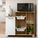 Ver imagem 1 de Fruteira Armário Balcão Multiuso de Chão com Rodinhas 2 Cestos para Microondas Bebedouro Mel/branco