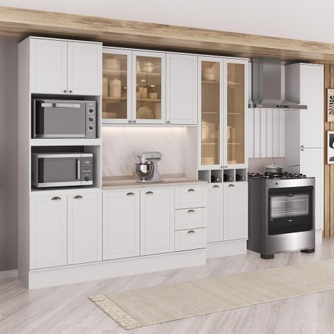 Cozinha Milla Cora 15 Portas 3 Gavetas MDF 360cm Branco Móveis Carraro