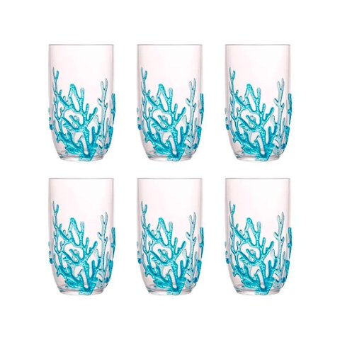 Jogo de 6 Copo Fundo do Mar Azul em Acrílico 15x9cm 550ml Mesa Posta