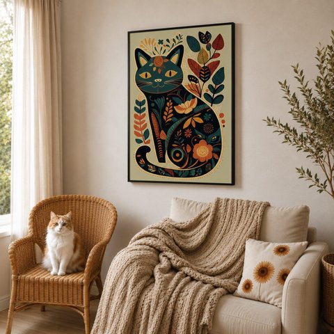 Quadro Canvas Gato Floral Folk Art 90x60cm Mold Branca