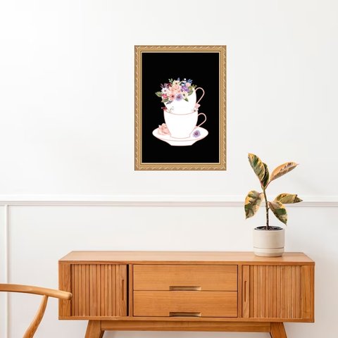 Quadro Moldura Dourada Xícara Flores 45x34cm:com Vidro