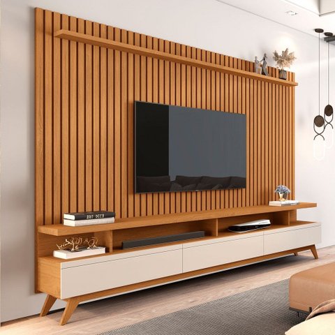 Rack com Painel para Tv 72 Polegadas Vivare 3 Gavetas Ripado Nature/ Off White - Giga Móveis
