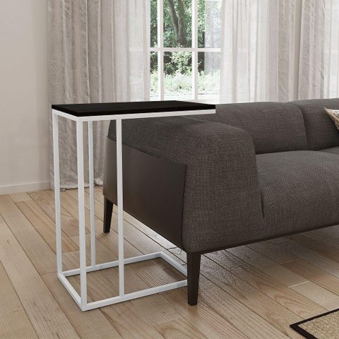 Mesa Lateral Industrial Elena Tampo Preto Base Ferro Off White - Cor: Branco