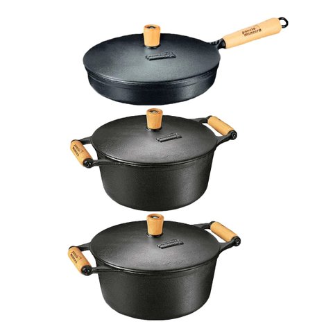 Kit Caçarola Frigideira Ferro Alça e Cabo Madeira 19 e 25cm