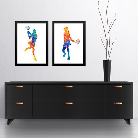 Kit 2 Quadros Decorativos Jogadora de Tênis 33x24cm - com Vidro:moldura Branca