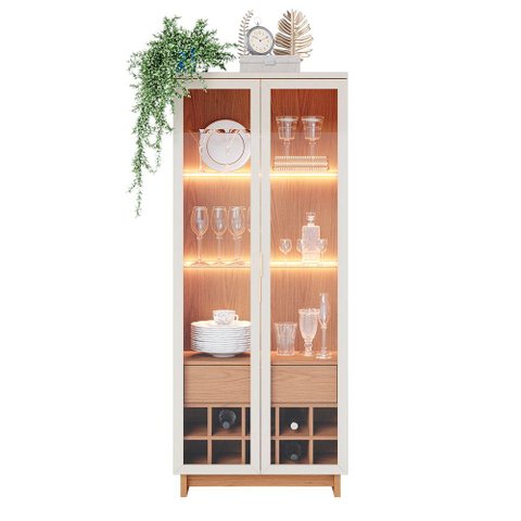 Cristaleira Pierre Off White/ Freijó com Led e Prateleiras de Vidro