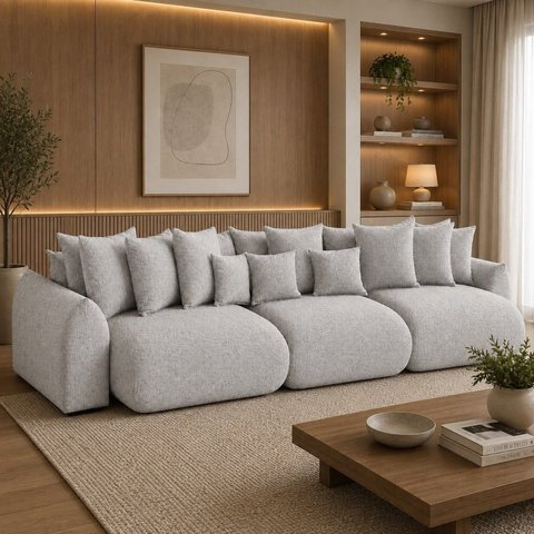 Sofá Retrátil 6 Lugares Linho Armani 2,90 Mts Cinza Claro