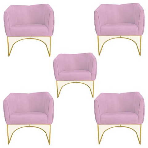 Kit 05 Poltronas Julia Base Metálica Dourado Suede Rosa Bebê - D'Classe Decor