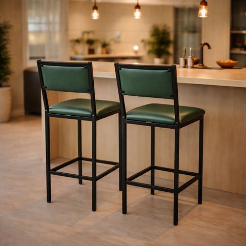Banqueta Flora Altura 65cm com Reforço Preta Assento e Encosto Verde Kit 2 Unidades
