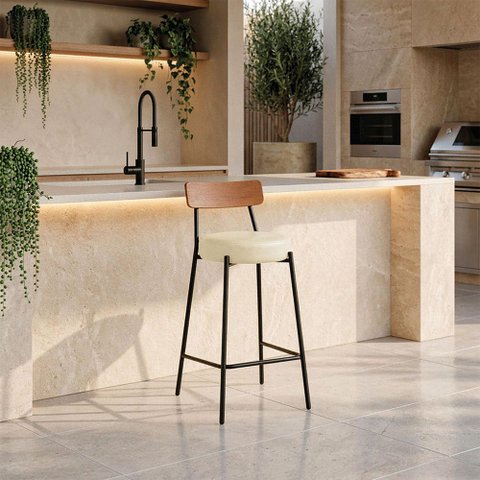 Banqueta Cozinha Média Encosto Castanho Industrial Preto Londrina PU D03 - D'Rossi