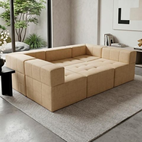 Sofá Modular King 5 Lugares Reclinável 255cm Bege Linho