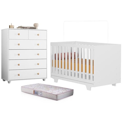 Berço Nacional Life 2217 com Colchão Gazin e Cômoda Vittoria 6 Gavetas Branco - Móveis Albatroz