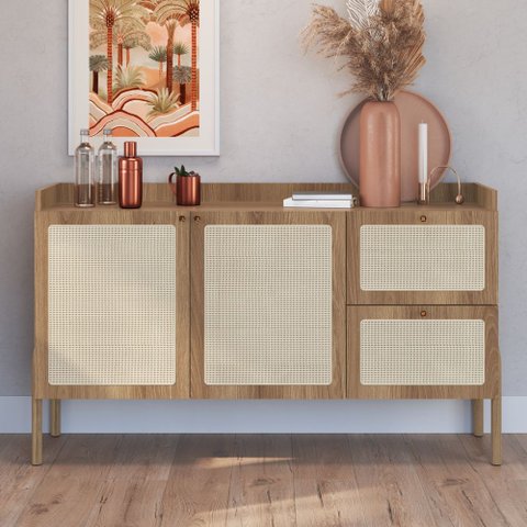 Balcão Buffet 2 Portas 2 Gavetas 139cm Palhinha Pé Madeira Oslo Artesano | Hanover