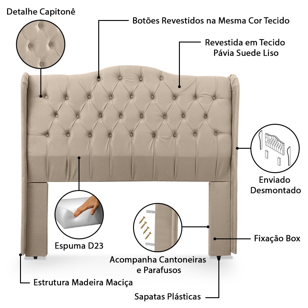 Conjunto Cabeceira Box com Recamier Divã para Cama Casal 1.40 Dubai Pávia Cappuccino- Lh Móveis - 8