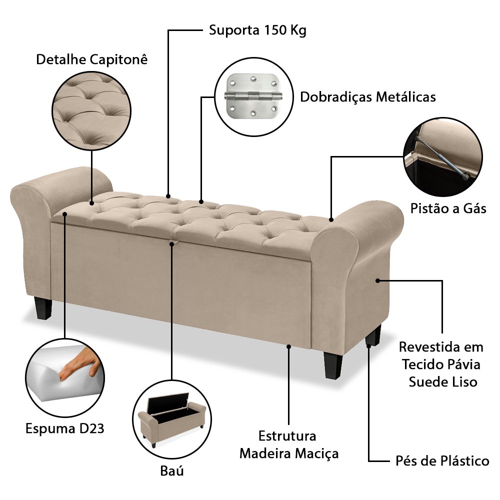 Conjunto Cabeceira Box com Recamier Divã para Cama Casal 1.40 Dubai Pávia Cappuccino- Lh Móveis - 10