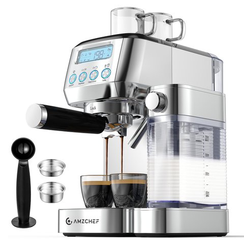 Amzchef Máquina de Espresso com Lcd e 20 Bar, Frother Automático (prata)