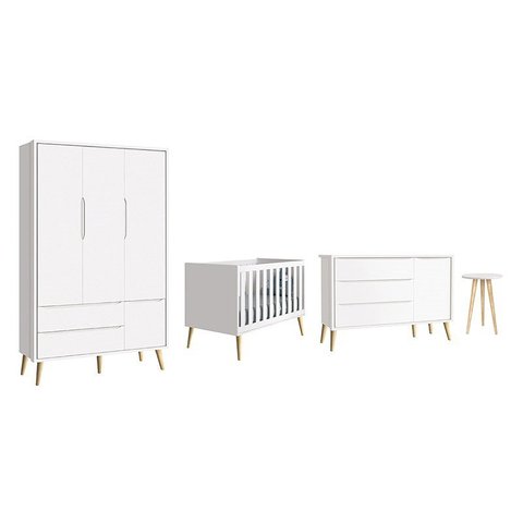 Dormitório Theo 3 Portas e Mesa de Canto Branco com Pés Madeira Natural - Reller Móveis