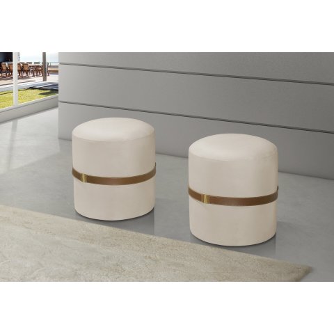 Conjunto 2 Pufes Redondo para Sala Decoração Detalhe em Couro Tecido Veludo Cor Bege