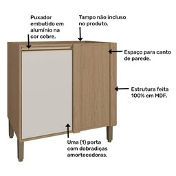 Balcão de Cozinha sem Tampo 1 Porta para Canto de Parede 80x58,5 cm Vitória Móveis Rimo Carvalho/Off - 5