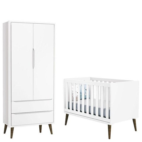 Berço Americano e Guarda Roupa 2 Portas Infantil Theo Branco Acetinado com Pés Amadeirado –