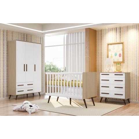 Berço Mini Cama Retrô - Carvalho Rústico/Branco - Qmovi