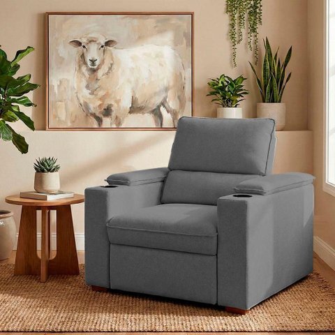 Poltrona Reclinável Retrátil Liza com Porta Copos Estofado Macio Cinza Loja Sheep