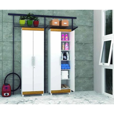 Armário Multiuso 2 Portas e 5 Prateleiras Line - Branco/Canela - Vila Rica